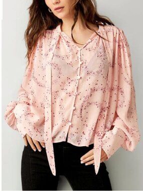 Free People Stars Align Blouse Pink Star Print Tie Neck Oversized Small